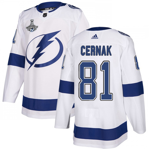 Adidas Tampa Bay Lightning 81 Erik Cernak White Road Authentic Youth 2020 Stanley Cup Champions Stitched NHL Jersey